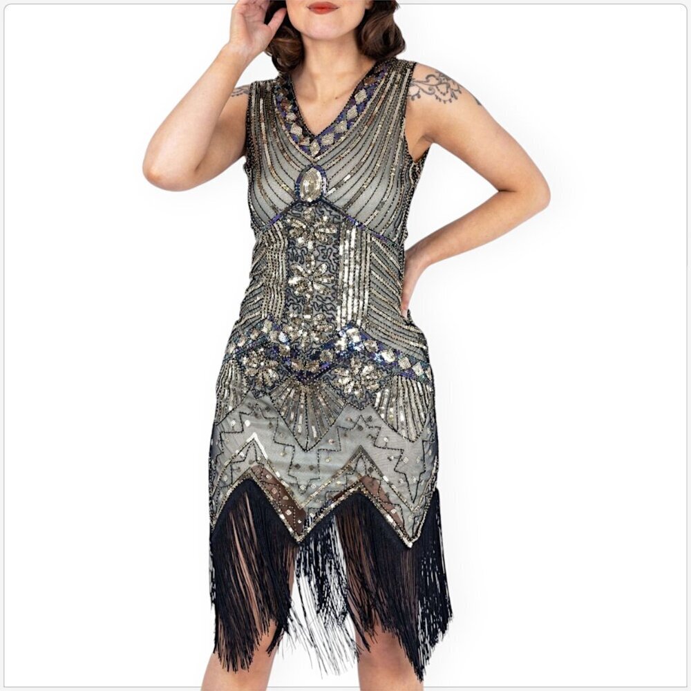 Ro Rox Gloria Flapper Gatsby Sequin Cocktail Party Beaded Fringe Dress.